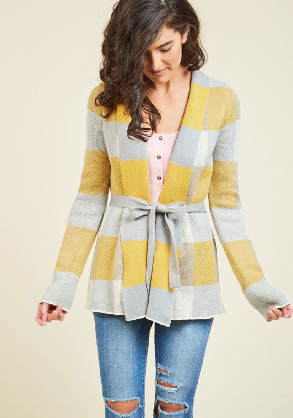 ModCloth Yellow Gray Color Block Open Front Cardigan Sweater Women's Size Medium
